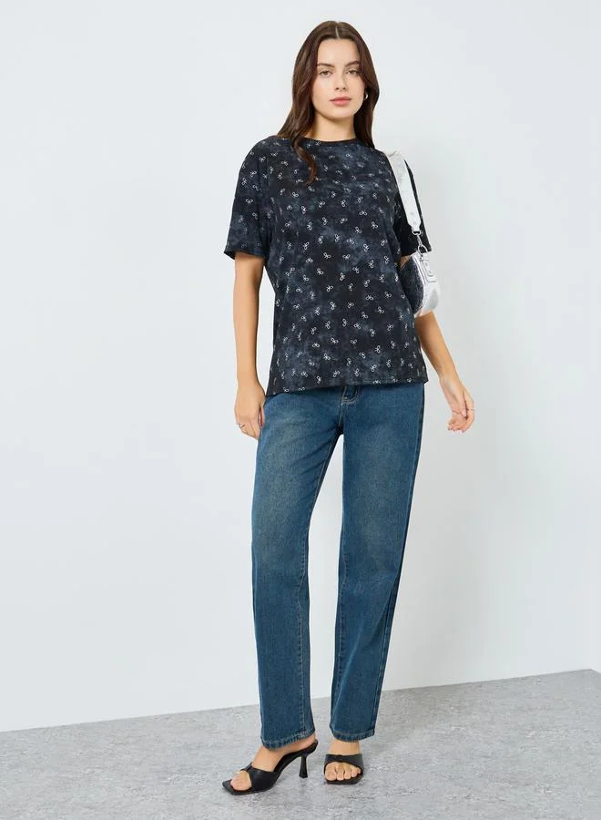 Styli Women Grey Bow Print Oversized T-Shirt